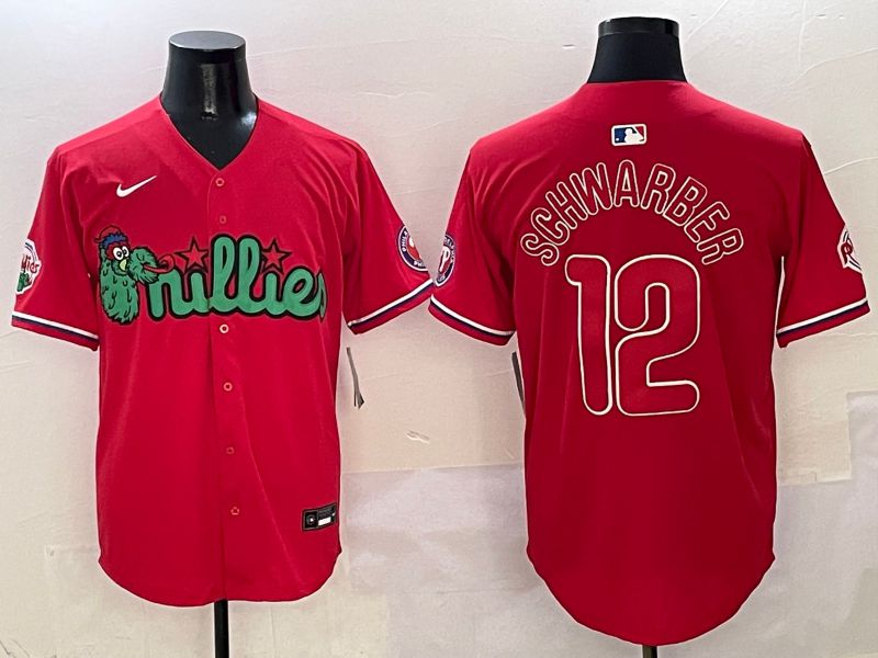 Men Philadelphia Phillies #12 Schwarber Red three generations Joint Name 2025 Nike MLB Jersey style 1